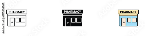 Pharmacy store building icon vector. Drugstore symbol for medical shop, healthcare clinic, medicine retail, and urban city map set. Vector Illustration.