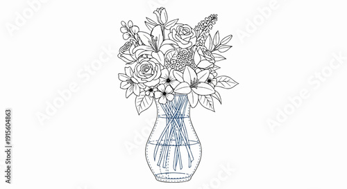 Line drawing of a bouquet of assorted flowers in a glass vase