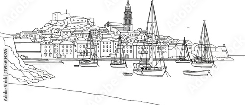 Line drawing of a coastal town with sailboats in a harbor