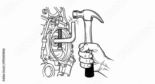 Hand using hammer on mechanical component