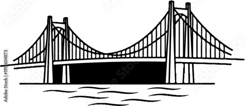 Iconic suspension bridge spans across a dark body of water with wavy lines