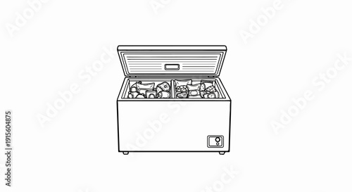 Line drawing of a chest freezer filled with packaged frozen foods