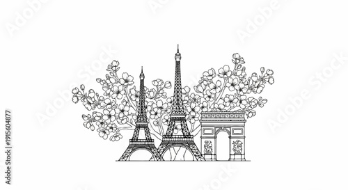 Iconic Paris landmarks intertwined with blooming branches in a sketch