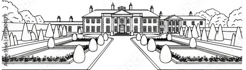 Grand classical manor house with symmetrical gardens and manicured trees