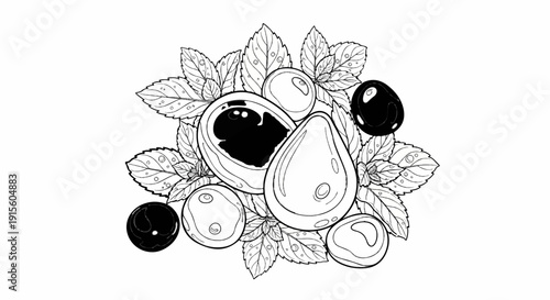 Line drawing of a cut avocado with berries and mint leaves