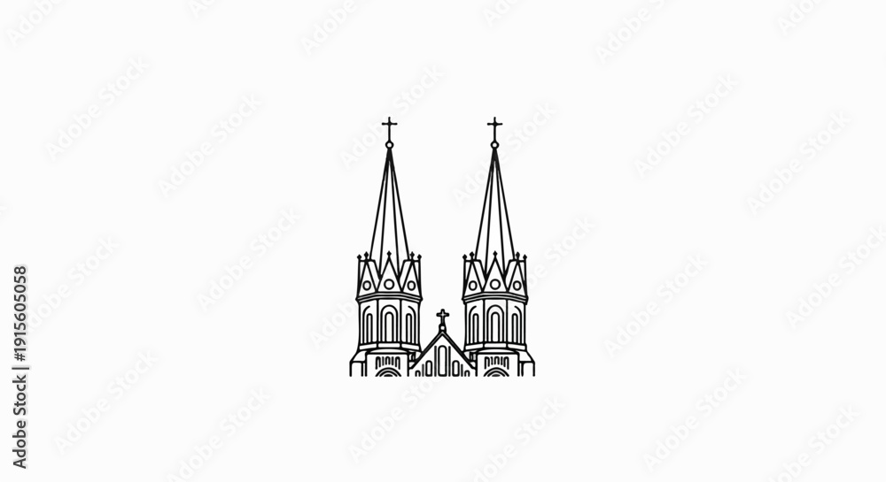 Naklejka premium Line drawing of a gothic-style building with two prominent spires
