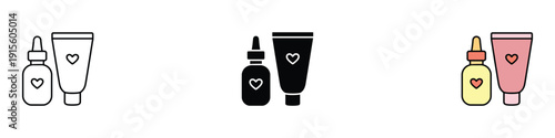 Skincare product icon vector. Cosmetic dropper bottle and tube symbols with heart for beauty routine, organic cream, and dermatological care set. Vector Illustration.