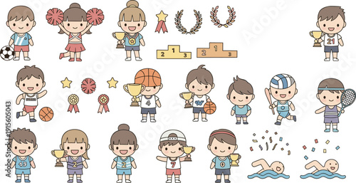 Cute kids sports and winners set with trophies, medals, balls, podium