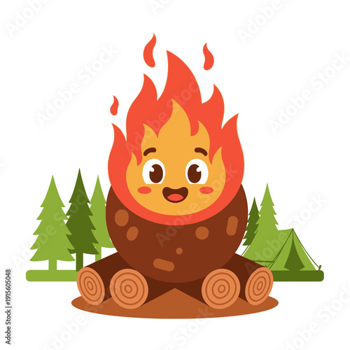 Cartoon Campfire Character with Smiling Face.