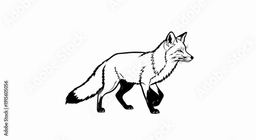 Line drawing of a fox walking right, detailed fur, black and white