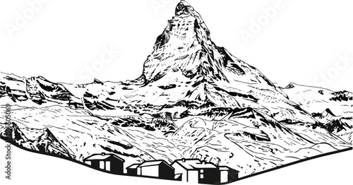 Iconic mountain peak with snow, surrounded by lesser peaks and a few buildings