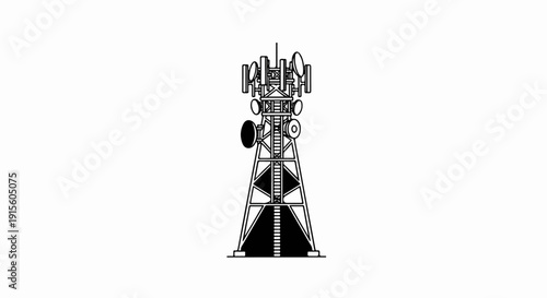 Line art illustration of a communication tower with antennas and dishes