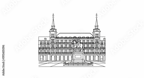Line drawing of a historic European square with equestrian statue and ornate buildings