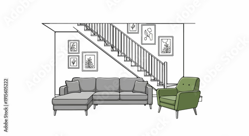 Interior sketch of a living space with sectional sofa, armchair, and staircase