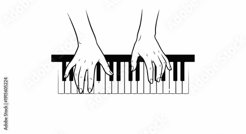 Hands poised to play a black and white keyboard
