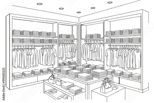 Interior view of a clothing store with neatly folded items and garments on racks