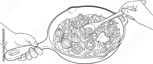 Hands preparing a colorful vegetable stir-fry in a cast iron pan