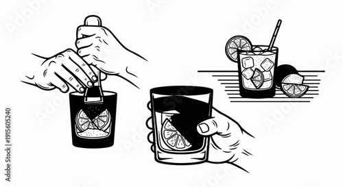 Hands preparing and holding citrus drinks with ice cubes and garnishes
