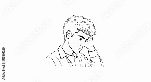 Line drawing of a young man with curly hair, looking down pensively
