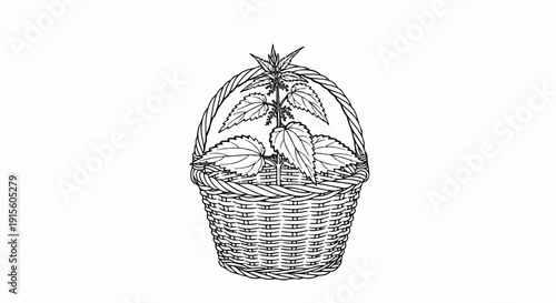 Line drawing of a woven basket filled with nettle leaves and stalks
