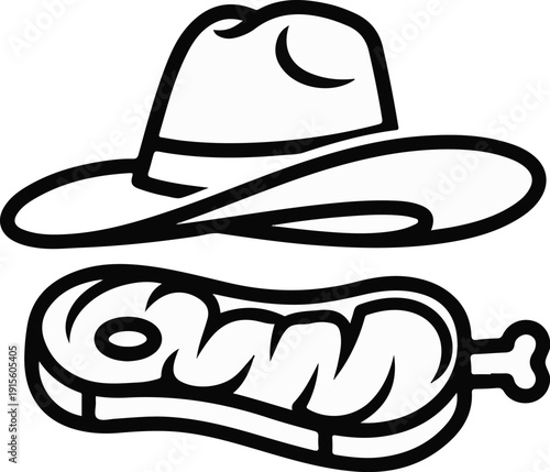 Iconic cowboy hat sits above a thick, bone-in cut of meat