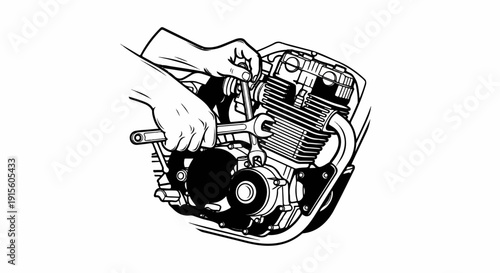 Hands tightening a motorcycle engine with a wrench, black and white line drawing