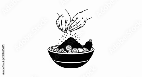 Hands sprinkling seeds onto soil in a bowl with sliced vegetables and a whole vegetable