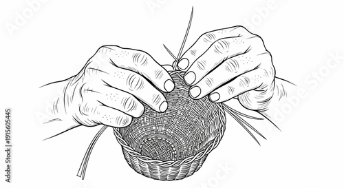 Hands skillfully weaving a small basket from natural materials