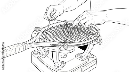 Hands stringing a tennis racket on a machine