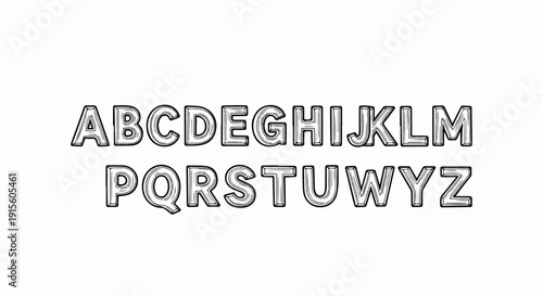 Hand-drawn alphabet letters with bold outlines and textured shading on a white background