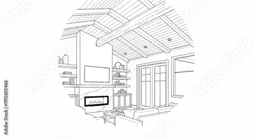 Interior sketch of a living room with vaulted beamed ceiling, fireplace, and sofa
