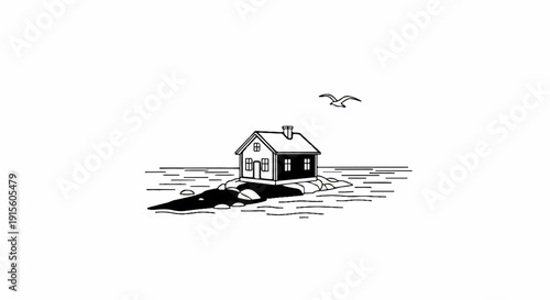 Isolated house on rocks by the sea with a bird in flight above