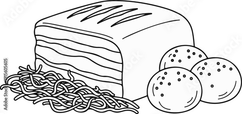 Line art illustration of a layered pastry with three round buns dotted with holes