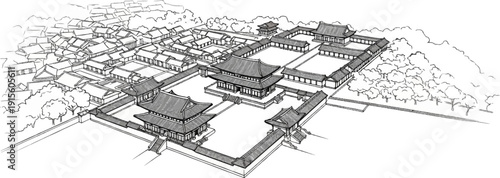 Isometric sketch of an ancient East Asian palace complex with tiered roofs and courtyards
