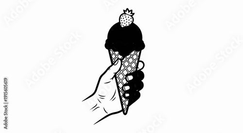 Hand holding a black ice cream cone topped with a strawberry