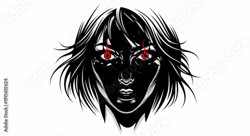 Intense, dark portrait of a person with fiery red eyes and windswept hair