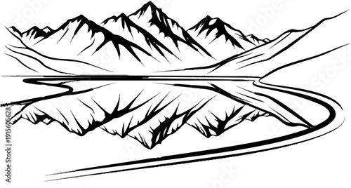 Jagged mountains reflected in a calm, winding river under a vast sky