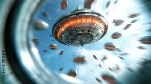 A captivating image featuring a flying saucer with vibrant energy rings and dynamic motion, capturing the essence of science fiction and the unknown beyond our planet.
