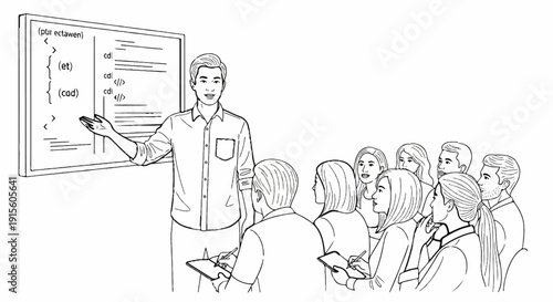 Instructor pointing at a whiteboard showing code to an attentive audience