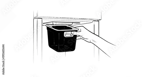 Hand holding a black bin under a shelf, suggesting removal or replacement