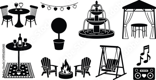 Silhouettes of outdoor furniture and garden decor including tables, chairs, gazebo, swing, fountain, fire pit, trellis, and stereo, vector illustration for patio design