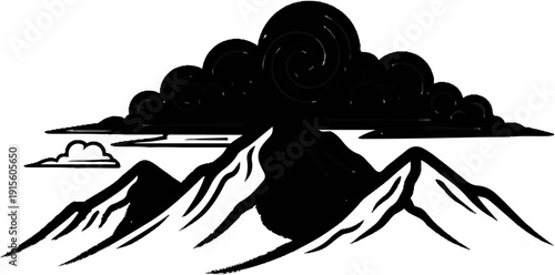 Jagged mountains rise beneath a swirling, dark cloud formation