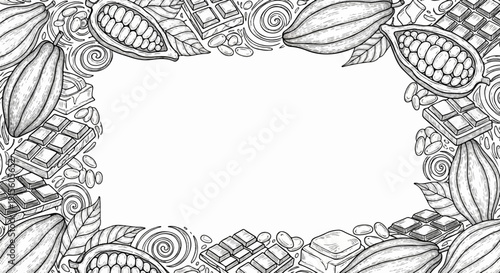 Hand-drawn border of cocoa pods, beans, and chocolate bars on white
