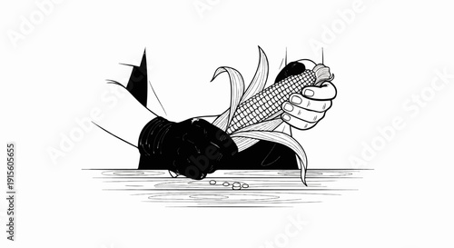 Hands wearing gloves husk an ear of corn over a wooden table