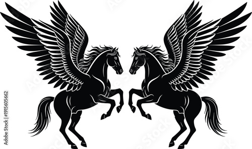 Black silhouette vector illustration of two mythical Pegasus horses with large wings facing each other on a white background, isolated.