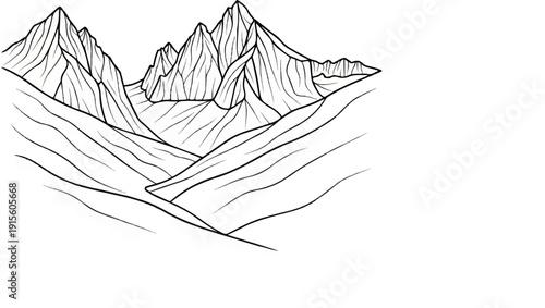 Jagged peaks and rolling hills create a dramatic, stylized mountain vista