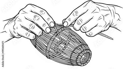 Hands weaving a traditional basket trap for fishing with natural materials
