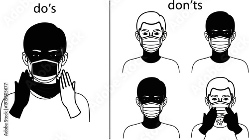 Instructional illustrations show correct and incorrect mask-wearing techniques