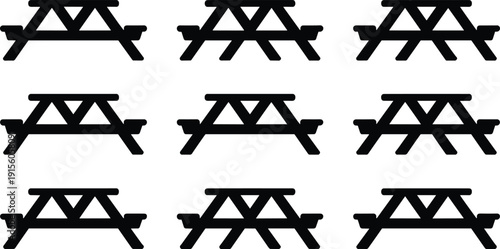 Silhouettes of outdoor furniture including bench, folding table, rattan chair, and hanging egg chair, vector illustration for patio and garden design