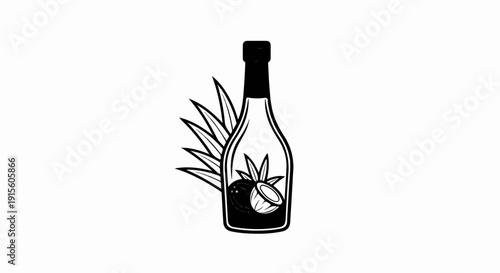 Hand-drawn bottle with coconuts and tropical leaves